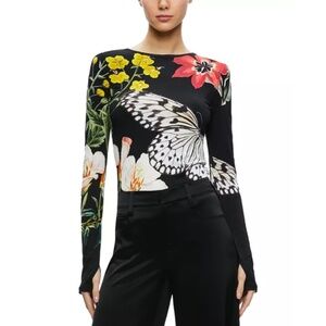 Alice + Olivia Delaina Black Floral Butterfly Long Sleeve Top S $275
